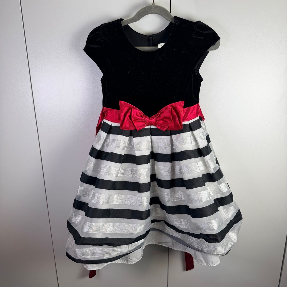 Jona Michelle Girls Size 5 Black Velvet Red Bow Striped‎ Party Dress Holiday